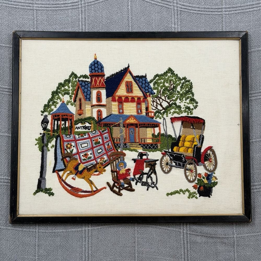 1980s Victorian Antiques Crewel Grandmacore Embroidery Framed Art Finished 1205